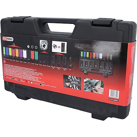 Schwarzer Werkzeugkoffer mit bunten Steckschlüsseln. Aufkleber mit Produktabbildungen und -bezeichnungen.